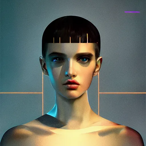 Image similar to portrait handsome androgynous sci - fi girl, blade runner 2 0 4 9, futuristic metropolis background, drones, digital art, pop art by hsiao - ron cheng