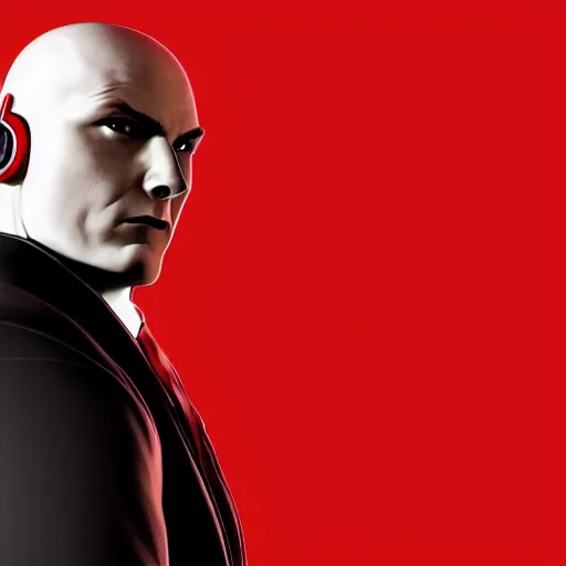 Image similar to a portrait of agent 4 7 from hitman wearing headphones, dark background, red rim light, highly detailed, smooth, sharp focus