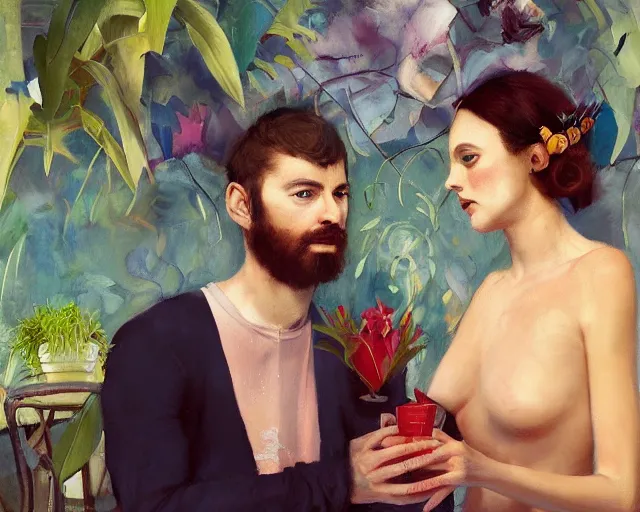 Image similar to an excited couple redefining love in a caffe surrounded by plants, expressionist painting by Francis Bacon, tom bagshaw, mark rothko, artstation