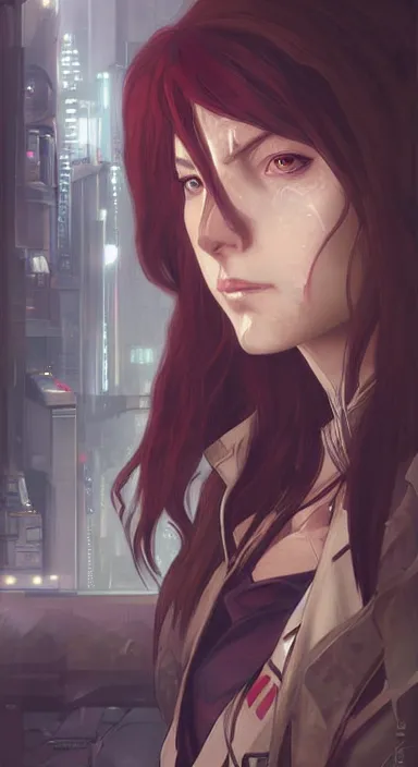 Image similar to Cyberpunk Portrait of Makise Kurisu from Steins;Gate. Beautiful digital art by Greg Rutkowski and Alphonse Mucha