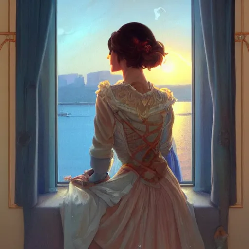 Prompt: woman looking out the window to a beautiful sunset, water view, intricate, highly detailed, digital painting, artstation, concept art, smooth, sharp focus, illustration, Unreal Engine 5, 8K, art by artgerm and greg rutkowski and alphonse mucha