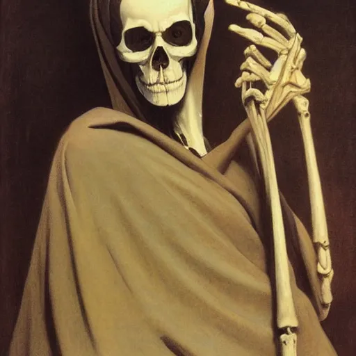 Image similar to the grim reaper, skeleton, oil painting, canvas, paul delaroche, alphonse mucha, arnold böcklin, very detailed, portrait