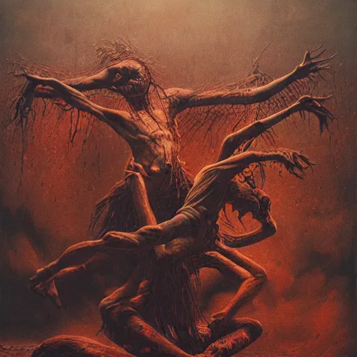 Image similar to two demons dance ballet in hell, beksinski, dariusz zawadzki, very coherent symmetrical artwork. cinematic, hyper realism, high detail, octane render, 8 k