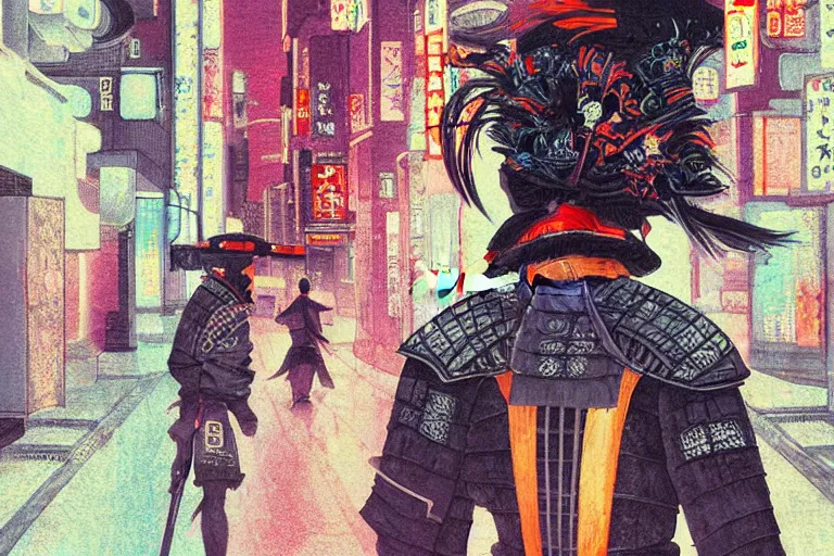 Prompt: neon japanese samurai walking in the streets of modern tokyo, illustration painting, intricate, detailed illustration, hd, digital art, overdetailed art, concept art, complementing colors, detailed, illustration painting by leonardo da vinci, digital art, overdetailed art, concept art, complementing colors rendered by beeple, syd meade,