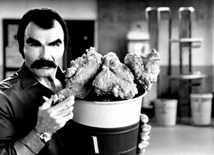 Image similar to film still of burt reynolds holding a bucket of fried chicken in cannonball run 1 9 8 2