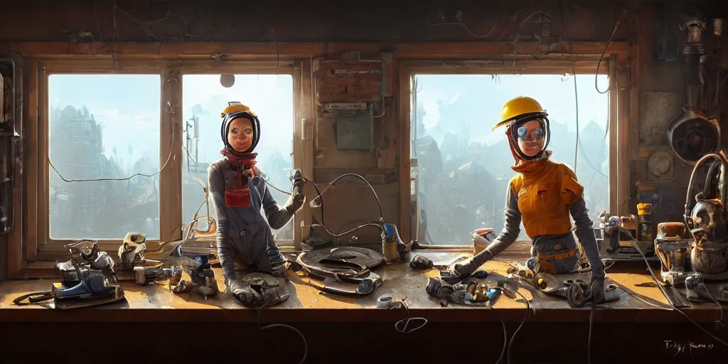 Image similar to highly detailed portrait painting of welder girl, room mono window, table mess, by eddie mendoza and tyler edlin, 8 k resolution