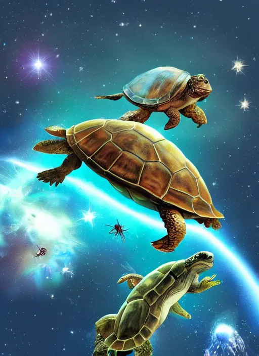 Image similar to hyper realistic photography space lion riding a turtle in space destroying an army of insectiods comic cover artstation