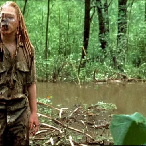 Image similar to cinematic still of macaulay culkin, covered in mud and watching a predator in a swamp in 1 9 8 7 movie predator, hd, 4 k