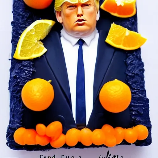 Prompt: edible donald trump made step by step : 1. lemon skin for hair 2. cake and orange pieces for the face 3. blueberries and whipped cream for the suit, from the beautiful'food art collection ', dslr