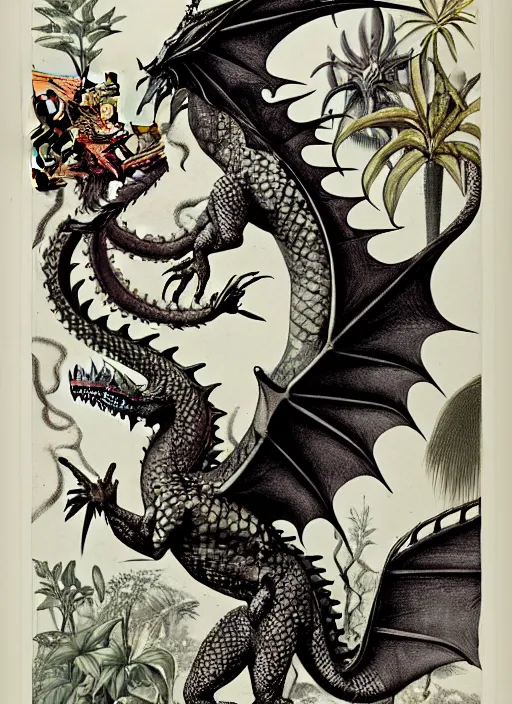 Image similar to game of thrones dragon in a tropical forest, john james audubon, ernst haeckel, intaglio, sharp focus