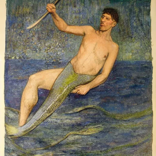 Prompt: male merlock holmes mermaid with a big mermaid tail sitting at the bottom of the sea under water in the style of jules bastien - lepage