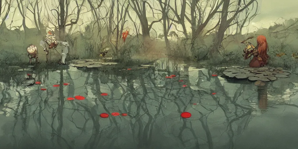 Image similar to a beautiful painting of a robot pond by abigail larson, trending on artstation