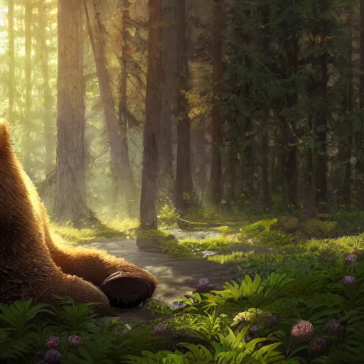 Image similar to a realistic bear, beautiful, proportionate, atmosphere, vibe, forest, lot of trees, fern, flowers, concept art illustration, color page, tone mapping, akihiko yoshida, james jean, andrei riabovitchev, marc simonetti, digital illustration, greg rutowski, volumetric lighting, sunbeams, particles