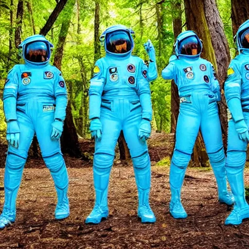 Prompt: a squad of space scouts wearing cyan camo uniforms with white armor and helmets exploring a forest planet