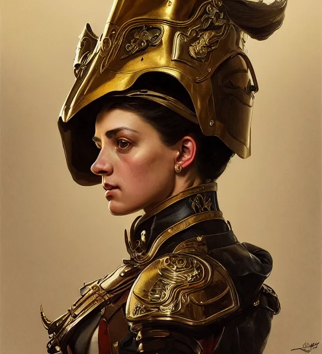 Image similar to portrait of a napolitano woman wearing a traditional nineteenth century kingdom of naples military jacket, metal shoulder pauldrons, intricate, highly detailed, digital painting, artstation, concept art, sharp focus, cinematic lighting, illustration, art by artgerm and greg rutkowski, alphonse mucha, cgsociety