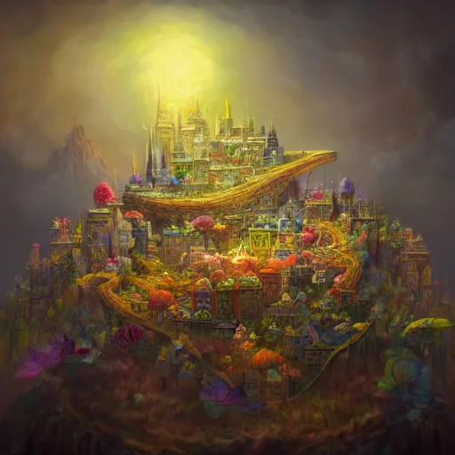 Image similar to minature tabletop city made of flower petals, in the style of tomasz alen kopera and fenghua zhong and peter mohrbacher, mystical colors, rim light, beautiful lighting, 8 k, stunning scene, raytracing, octane, trending on artstation