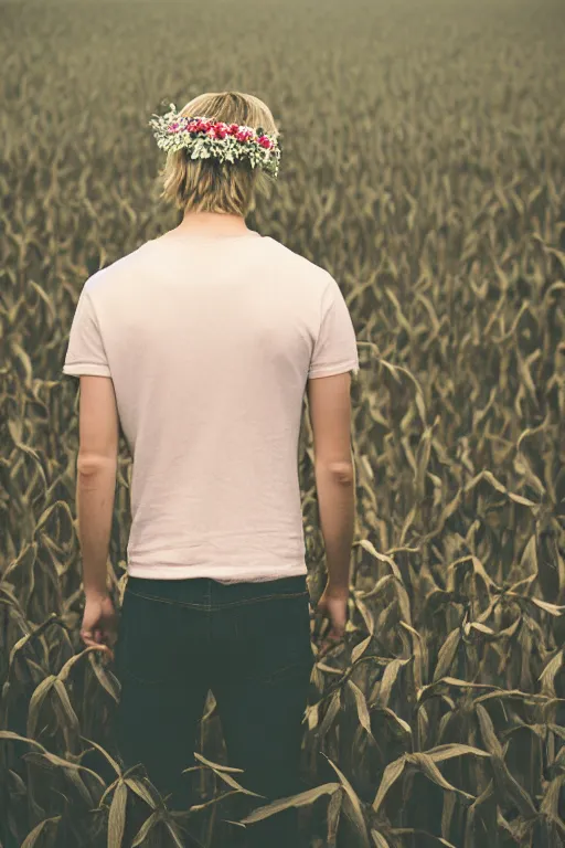 Image similar to agfa vista 4 0 0 photograph of a skinny blonde guy standing in a dark cornfield, flower crown, back view, grain, moody lighting, moody vibe, telephoto, 9 0 s vibe, blurry background, vaporwave colors!, faded!,