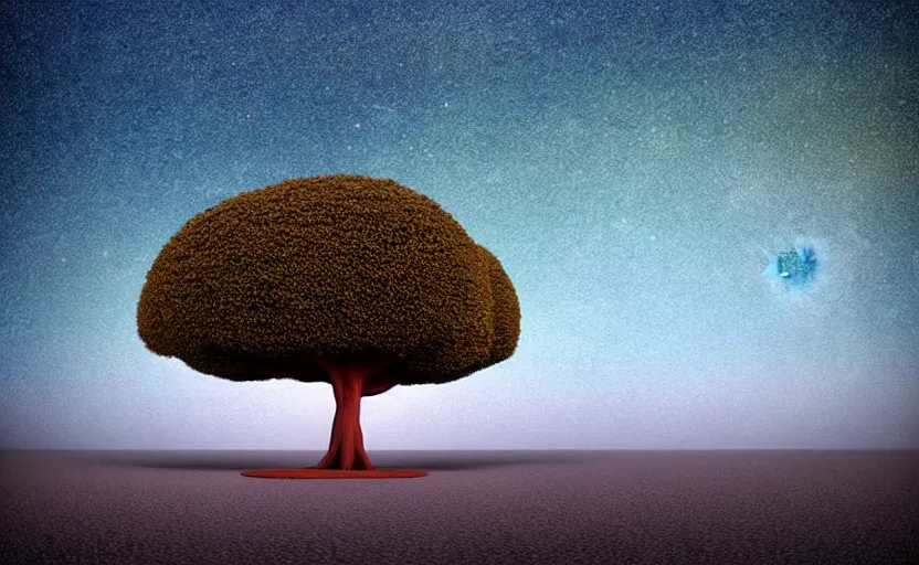 Prompt: one single stand alone huge hyperdetailed minimalist tree, seen from the long distance, at night. by the sea. maximalist unexpected elements. free sky in plain natural warm tones. 8 x 1 6 k hd mixed media 3 d collage in the style of a childrenbook illustration in pastel tones. matte matte background. no frame hd