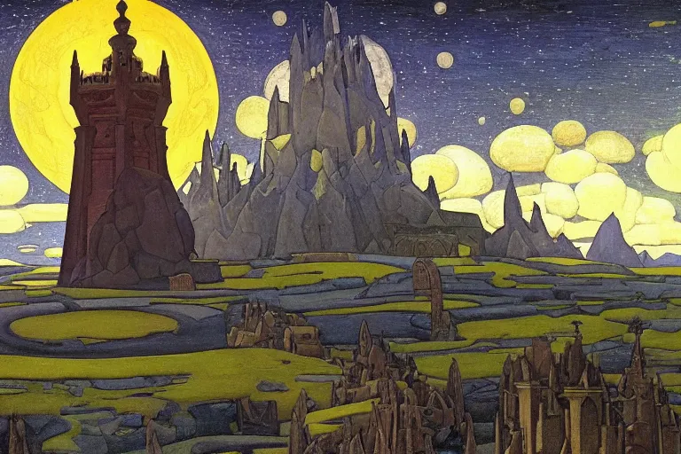 Image similar to the holy tower of the moon and stars and its surrounding gardens, dramatic cinematic lighting, ornate folk-art carved architecture, rich colors, by Nicholas Roerich and William Dyce and ford madox brown and April Gornik and Caspar David Friedrich and Diego Rivera and Tyler Edlin and Ivan Bilibin, featured on artstation