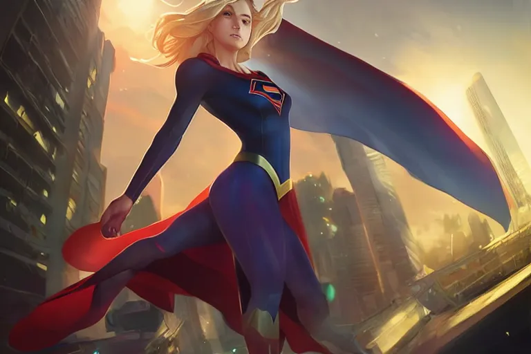 Prompt: supergirl, single subject, scenic full shot, ambient lighting, fierce look, detailed face, by makoto shinkai, stanley artgerm lau, wlop, rossdraws.