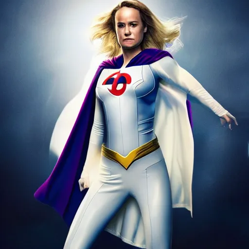 Prompt: Brie Larson as DC Comics' Power Girl, full body with white costume and cape and chest, photo, 4k