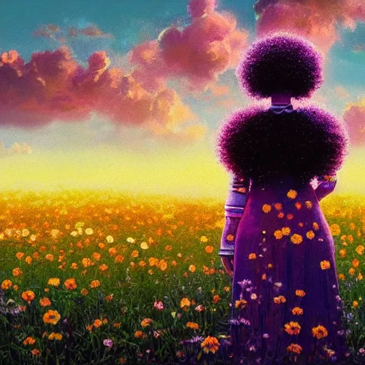 Image similar to giant flower afro, full body, girl standing in the middle of a field with flowers, surreal photography, hills, sunrise dramatic light, impressionist painting, colorful clouds, digital painting, pointillism, artstation, simon stalenhag