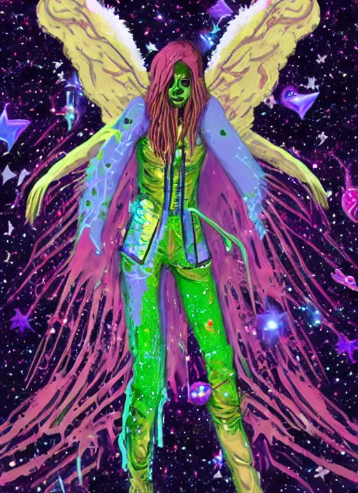 Image similar to a suited zombie angel spirit being, covered with pastel glitter glue slime, fashion model pose, full body maximalist cosmic eldritch character design, early computer graphics by dan mumford, surrounded by stars and jester plushies, realistic light and shadow effects, maximalist background