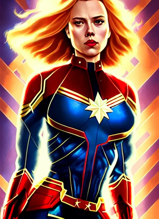 Image similar to Scarlett Johansson as Captain Marvel, fantasy, intricate, elegant, highly detailed, digital painting, artstation, concept art, smooth, sharp focus, illustration, art by artgerm and greg rutkowski and alphonse mucha