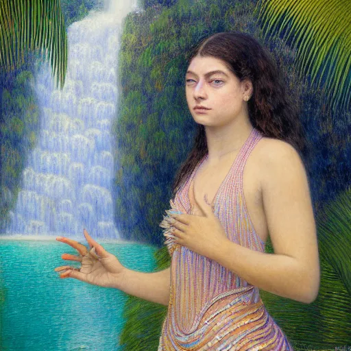 Image similar to a ultradetailed beautiful painting of lorde standing in front of the diamonds waterfall in the amazonas palace balustrade designed by jules bastien - lepage, tarsila do amaral, frank weston and gustave baumann, beach, trending on artstation, mediterranean, palm trees, sharp focus, soft light, 8 k 4 k