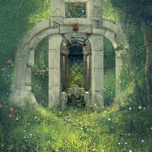 Image similar to ancient overgrown ruins, medieval gates, runestones, mysetrious etherial mesmerizing runic cat eyes, magical elven geometry, concept art by gustav klimt, deviantart contest winner, environmental art, high detail