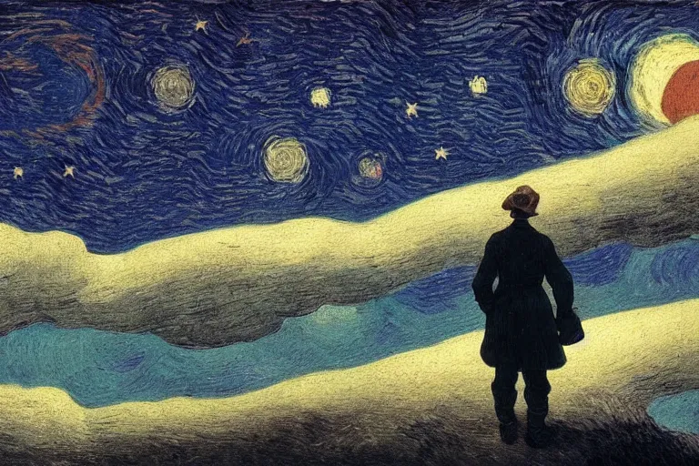 Image similar to a person looking at the night sky with clouds and stars, colorful, beautiful, national geographic, very detailed, astrophotography, cinematic lighting, oil painting, canvas, Theodor Kittelsen, Vincent van Gogh, Caspar David Friedrich
