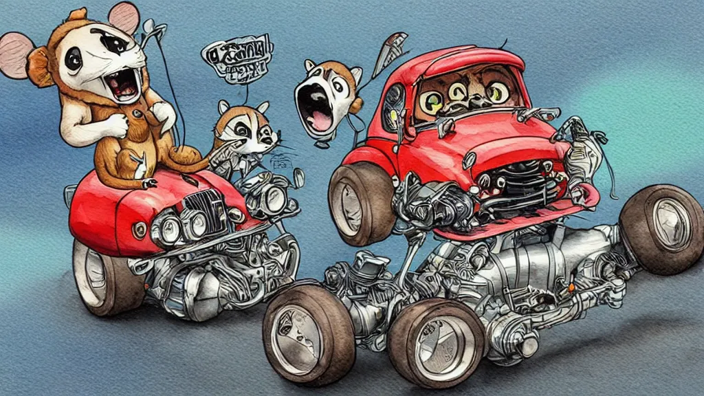 Prompt: cute and funny, racoon riding in a tiny hot rod coupe with oversized engine, ratfink style by ed roth, centered award winning watercolor pen illustration, by chihiro iwasaki and james nyika, edited by range murata