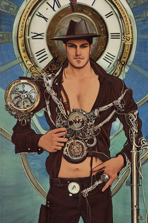 Prompt: a dramatic ethereal epic symmetrical painting of a handsome villainous cowboy holding a pocketwatch standing in front of railroad tracks with a train locomotive | he is shirtless under his jacket | tarot card, art deco, art nouveau, (steampunk), homoerotic, realistic, trains, clocks, gears | by Mark Maggiori and ((Alphonse Mucha)) | trending on artstation