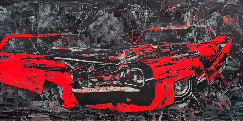 Prompt: lowrider crash test, collage paper and tape, black and red spray paint, acrylic on canvas, hyperrealism mixed with expressionism, high resolution, cinematic, unreal 6 breathtaking detailed, by blake neubert, by matt sesow