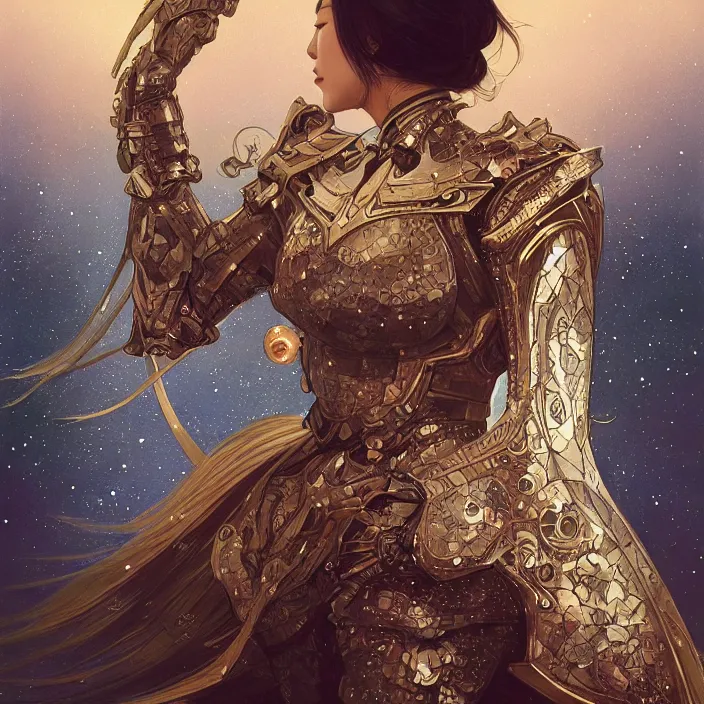 Prompt: ultra realistic illustration, japanese woman with armor made of stars, sci - fi, fantasy, intricate, elegant, highly detailed, digital painting, artstation, concept art, smooth, sharp focus, illustration, art by artgerm and alphonse mucha