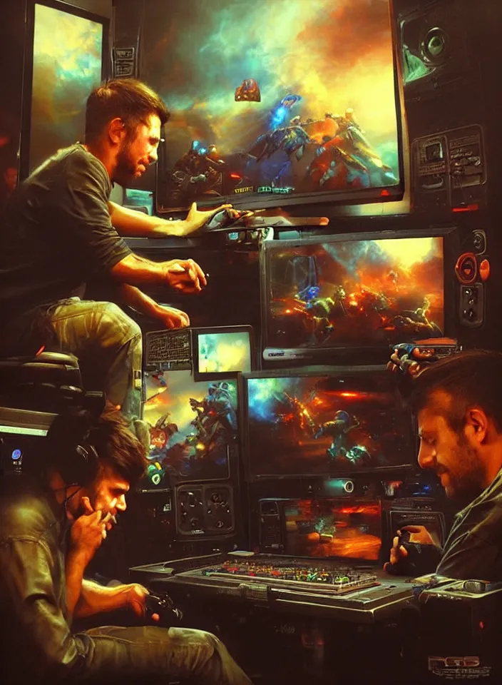 Image similar to Portrait of men playing video games on CRT television using Atari joysticks. Painting by Raymond Swanland. Intricate details. hyper realism. Masterpiece.