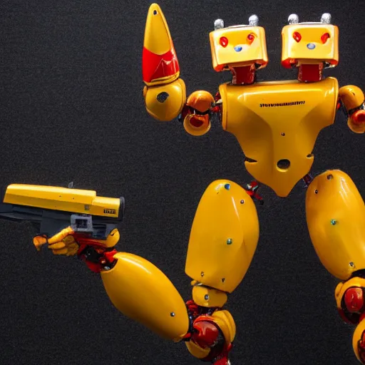 Prompt: a muscular yellow and red humanoid robot with large horns. It has a gun in one hand and a knife in the other