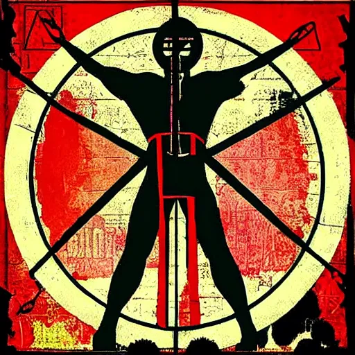 Prompt: occult vitruvian man. pop art, bioshock style, fallout style.