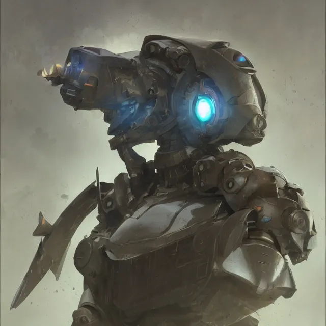 Image similar to hyper realistic portrait of warhammer robot cinematic, artstation, cgsociety, greg rutkowski, james gurney, mignola, craig mullins, brom