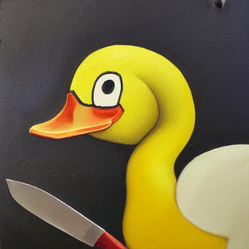 Image similar to yellow duck holding a knife, oil painting