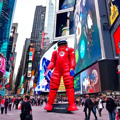 Prompt: a giant spacesuit with many buttons and logos in the middle of times square, historical picture