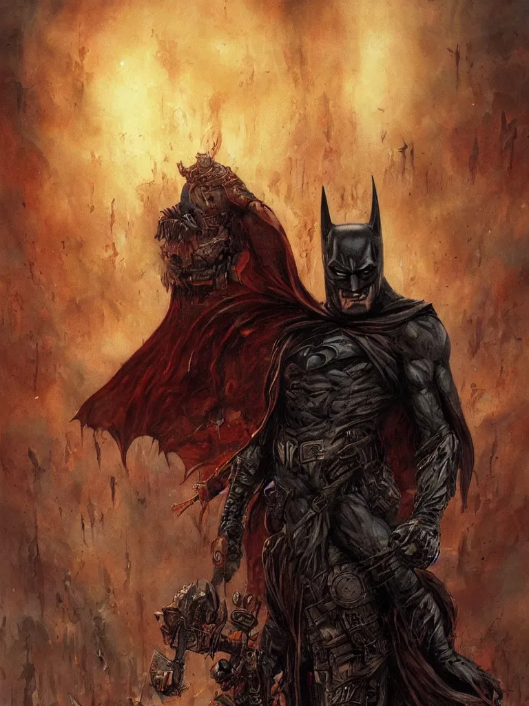 Prompt: ancient damned batman, dark and gritty, fantasy artwork, warm colors, by seb mckinnon