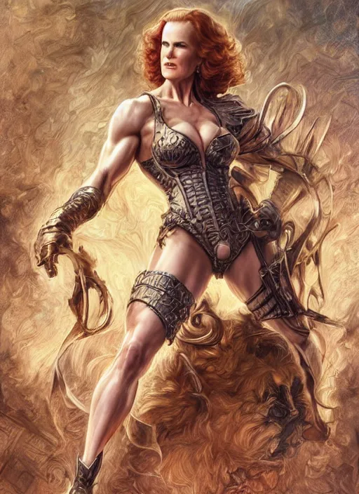 Image similar to muscled Nicole Kidman as a ruggedly handsome hero, intricate, elegant, highly detailed, centered, digital painting, artstation, concept art, smooth, sharp focus, illustration, artgerm, donato giancola, Joseph Christian Leyendecker, WLOP, Boris Vallejo, Artgerm