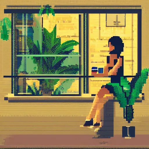 Image similar to a thin, pretty young Filipino girl sits in the window of a Cafe with an espresso, golden morning light, tropical plants, amazing 16 bit pixel art, 6 colors, artstation