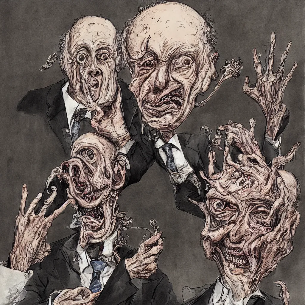 Prompt: Jacob Rothschild by Ralph Steadman, illustration, body horror, biopunk, 8k , trending on artstation