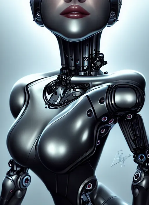 Image similar to portrait of a organic robot woman by Artgerm, biomechanical, hyper detailled, diffuse atmosphere, trending on artstation