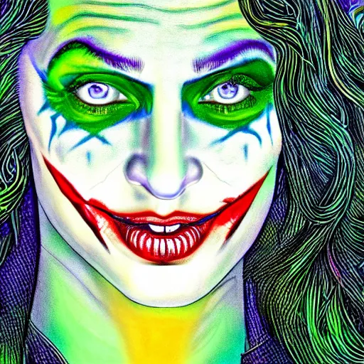 Image similar to an extremely psychedelic portrait of megan fox as the joker, surreal, lsd, face, detailed, intricate, elegant, lithe, highly detailed, digital oth, sharp focus, illustration,