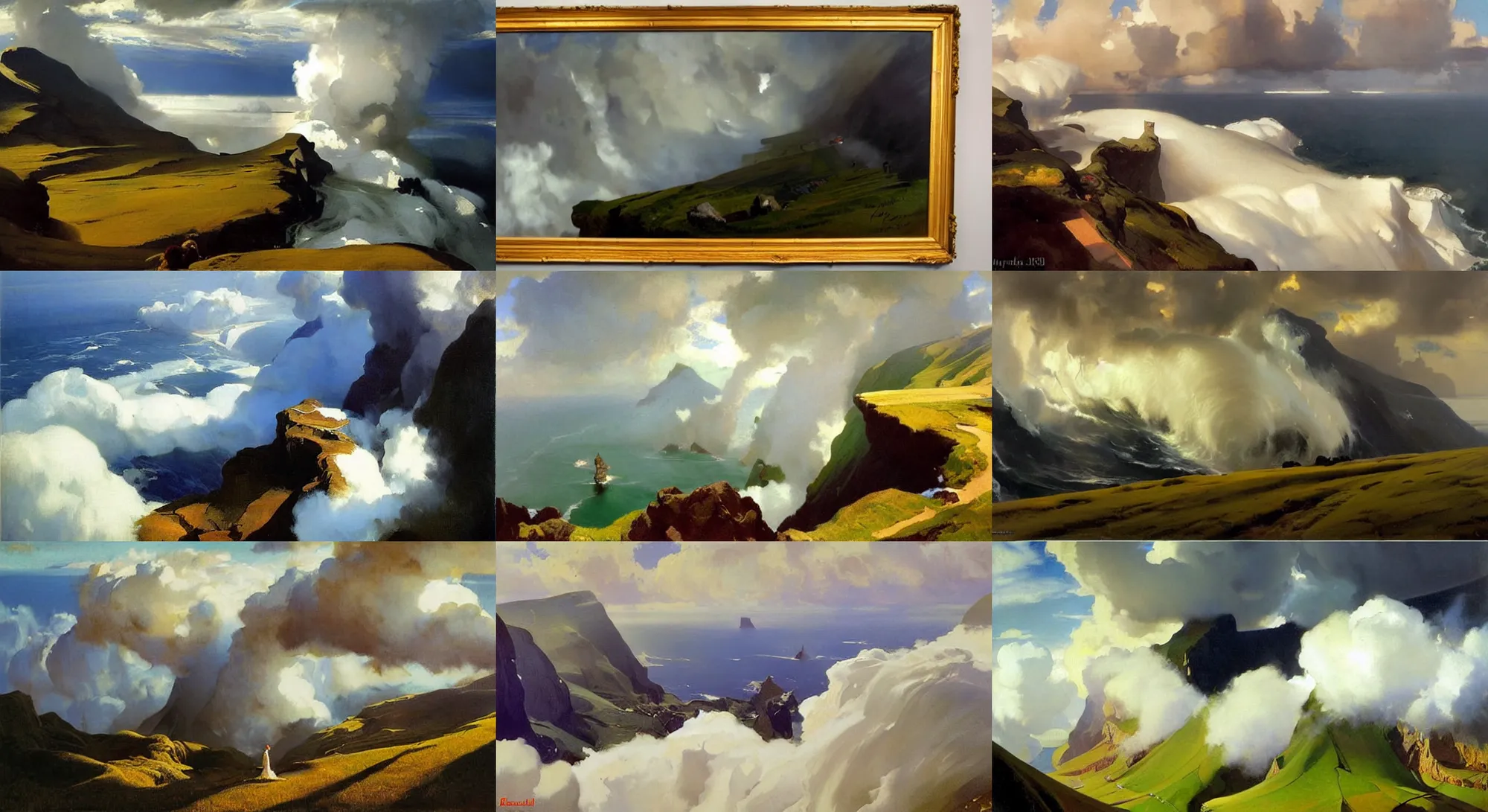 Prompt: painting by sargent and leyendecker and greg hildebrandt savrasov levitan gorgeous fantasy landscape above the layered low clouds on madeira faroe azores iceland black coast overcast storm wide angle view from above masterpiece