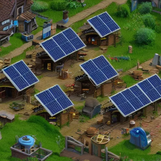 Prompt: Solarpunk style village with human living in harmony with plats and technology is a friendly companion