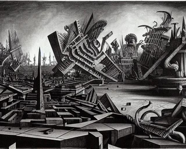 Image similar to Piranesi imagination mixed with the aesthetics of Yves Tanguy